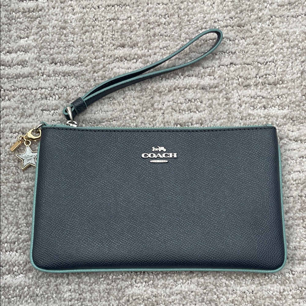 Coach Navy Wristlet with Teal Accents